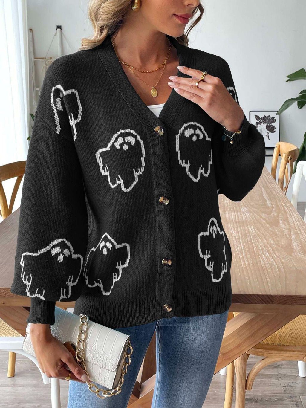 Knit Cardigan Animal Pattern V-Neck Dropped Shoulder Knitwear 30e52081-7455-4614-a5da-e18534f05e8b-Max Trendsi