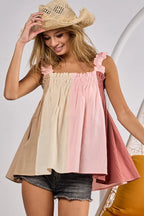 BiBi Babydoll Top Ruffle Frill Shoulder Strap Pink Color Block Bodice TAUPE PINK MARSALA 30e52f9778d84ce3823b2e1a6f1f6f5f-Max-Origin Trendsi