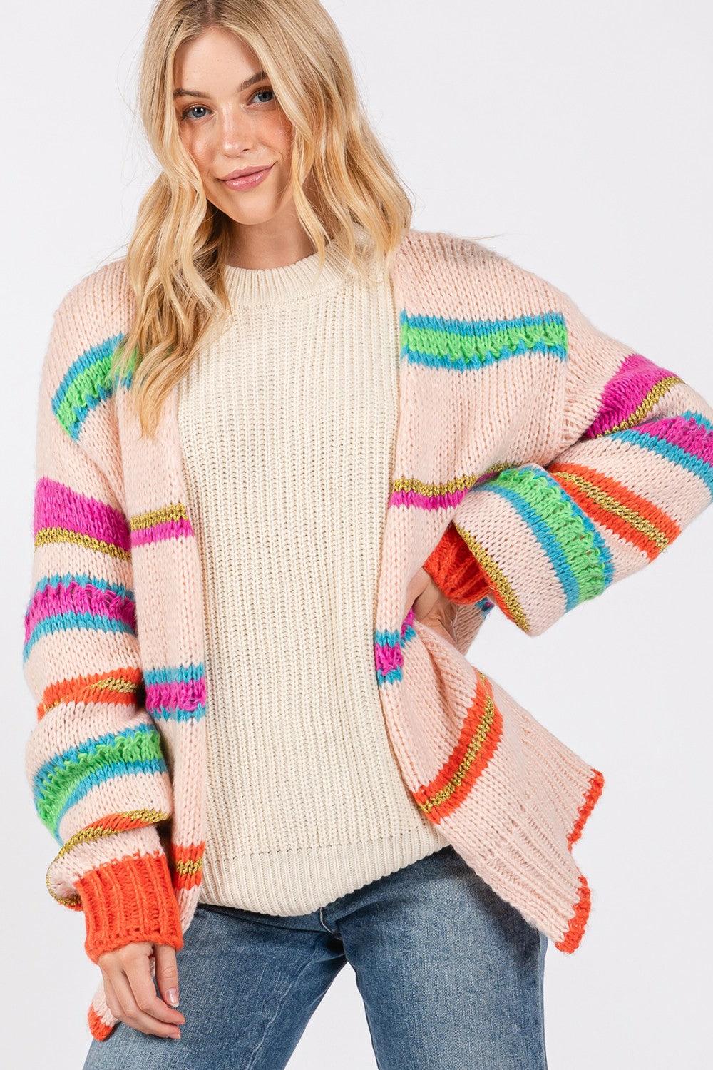 Cardigan SAGE + FIG Rainbow Striped Open Front Knit Long Sleeve 30ed01c3-4c10-4339-b72e-109caaab38b4-Max Trendsi