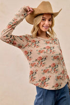 BiBi Womens Blouse Taupe Floral Print Washed Waffle Thermal Top with Thumbs 30f490a0d47448669e174668d6a58828-Max-Origin Trendsi