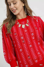 Umgee Women's Sweater Red Jacquard Knit Puff 3/4 Sleeve Pullover 30f8f267-8415-4c29-bdc3-3dd8c912acf2-Max-Origin Trendsi