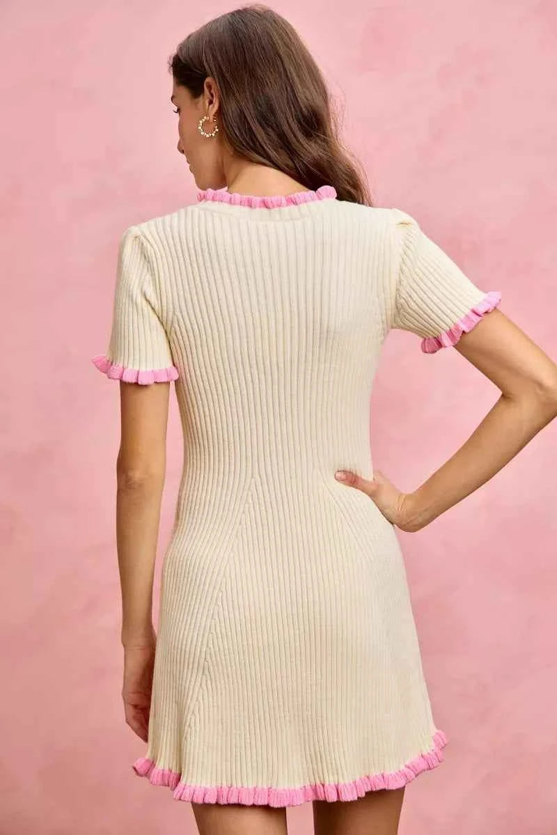 Contrast Ruffled Sweater Knit Mini Dress