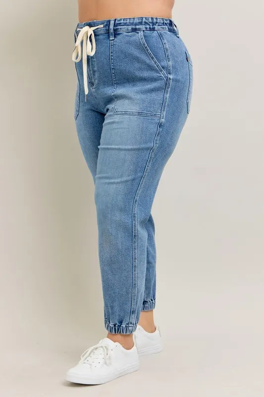 Judy Blue Denim Jogger Pants High Waist Drawstring Medium Wash 30fb0c19-0558-44a8-b806-f950ccb0849a-Max-Origin Trendsi