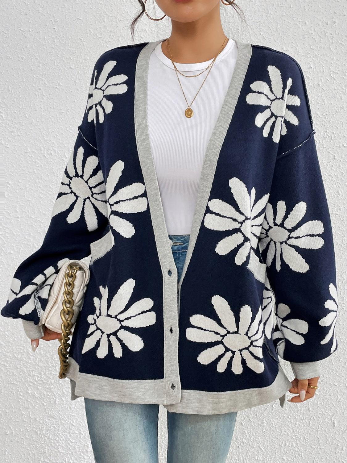 Cardigan Floral Contrast Dropped Shoulder Long Sleeve Knitwear Dark Navy 30fc5103-1c12-4ce7-804a-26398501e2cb-Max Trendsi