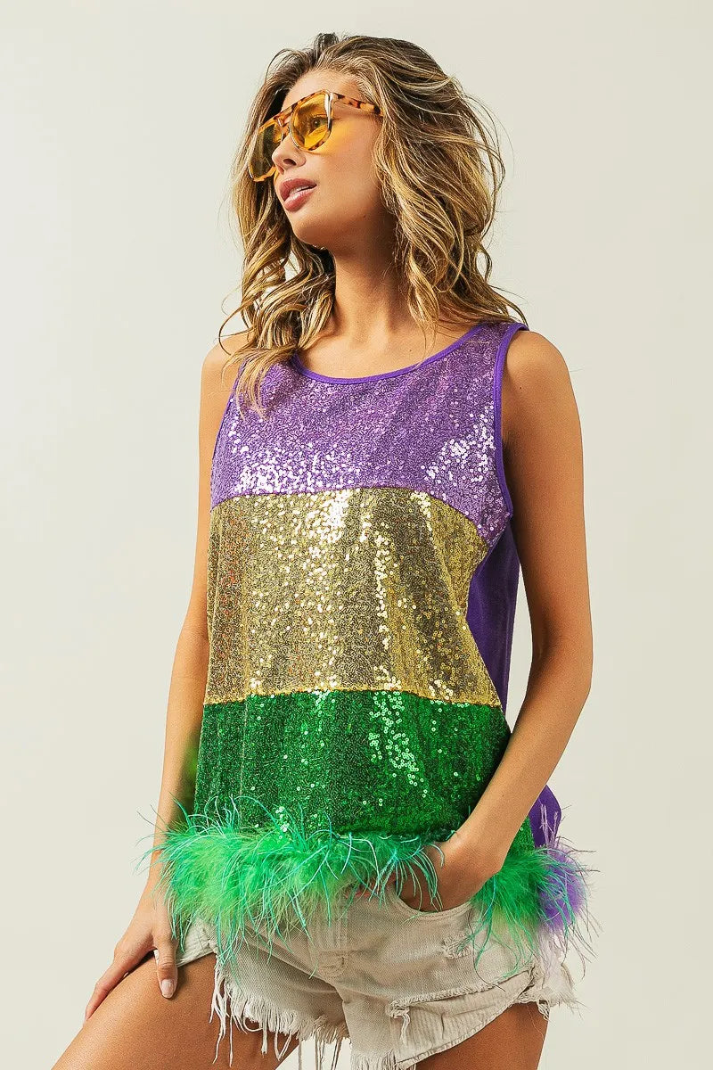 BiBi Sequin Top Mardi Gras Color Block Faux Feather Hem Sleeveless 3101f46565dd4126acc6e9b96a79f316-Max-Origin Trendsi