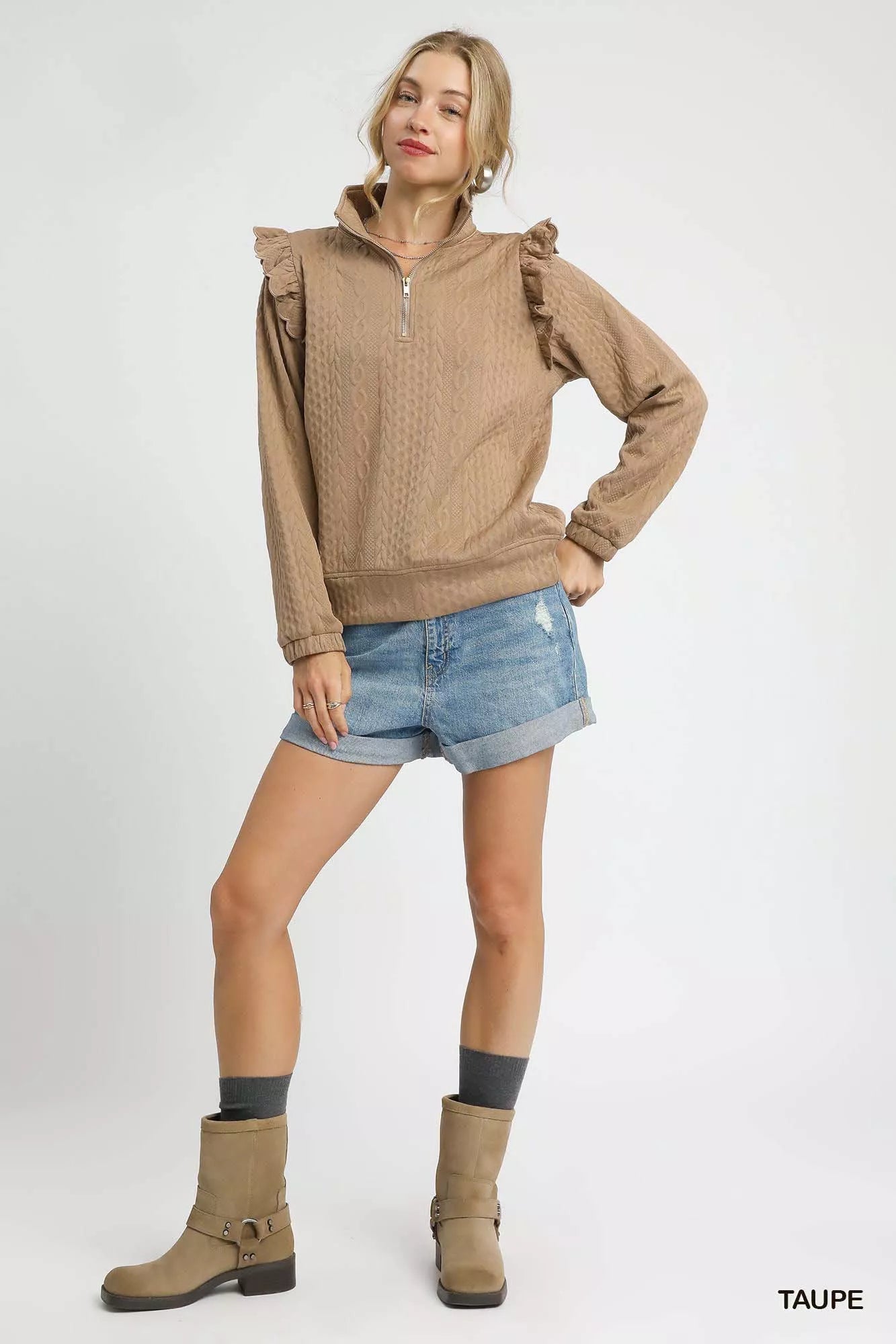 Umgee Womens Pullover Taupe Cable Knit Textured with Ruffle Shoulders 3109f577-68ac-46e6-abe2-49e298c0d0fd-Max-Origin Trendsi