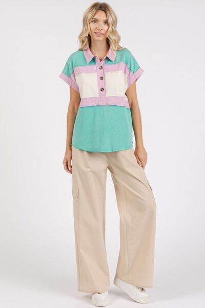 Mittoshop Polo Shirt Color Block Henley Short Sleeve Seafoam Cotton Top 312bded5-1126-4610-8b9c-15c21ef39da8-Min Trendsi