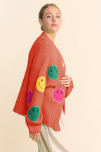 Davi & Dani Women Cardigan Fuzzy Smile Patch Rust Open Long Sleeve Sweater 312f5f8a-d34d-4ff9-9f0d-877d358dece9-Max Trendsi