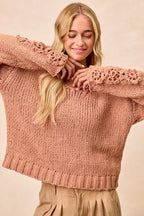 BiBi Womens Sweater Chunky Knit with Flower Detail Sleeves Peach 31324f4046684c13b570e82f379520e9-Max-Origin Trendsi