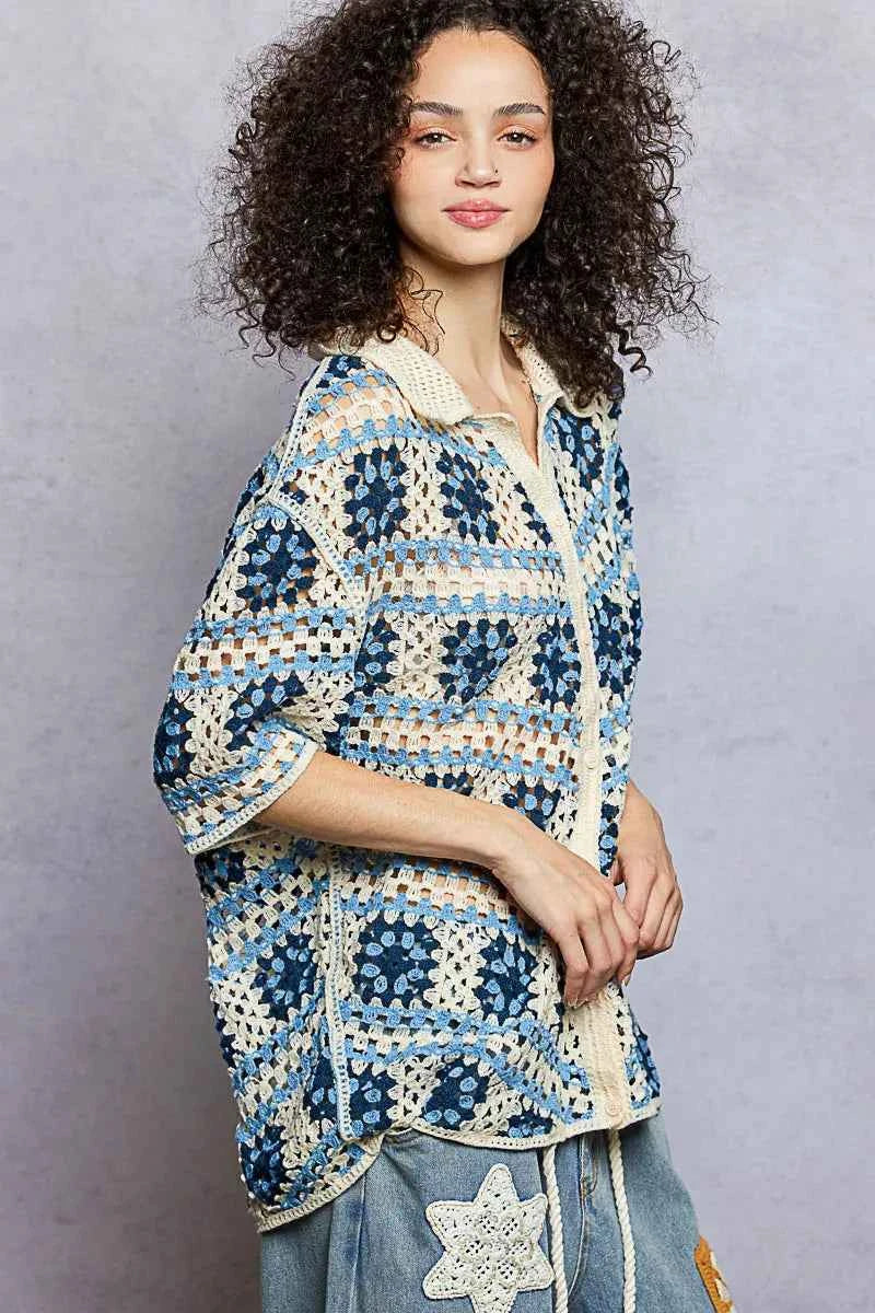 POL Crochet Shirt Blue Multi Openwork Short Sleeve with Border Accents Top 31395371-1536-4239-93eb-87b117c4683b-Max-Origin Trendsi