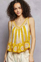 POL Tank Top Openwork Knit Yellow Multi Stripe Pattern Flowy with Scalloped Edge YELLOW MULTI One Size 313bf32b-f1e1-4083-8849-2e313113407c-Max-Origin Trendsi