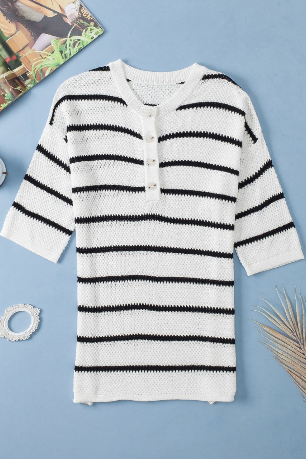 Stripe Knit Top Women's Collared Button Drop Shoulder Side Slit Long Sleeve 313c9323-bfe0-451f-a829-4a9c8246ac2b-Max Trendsi