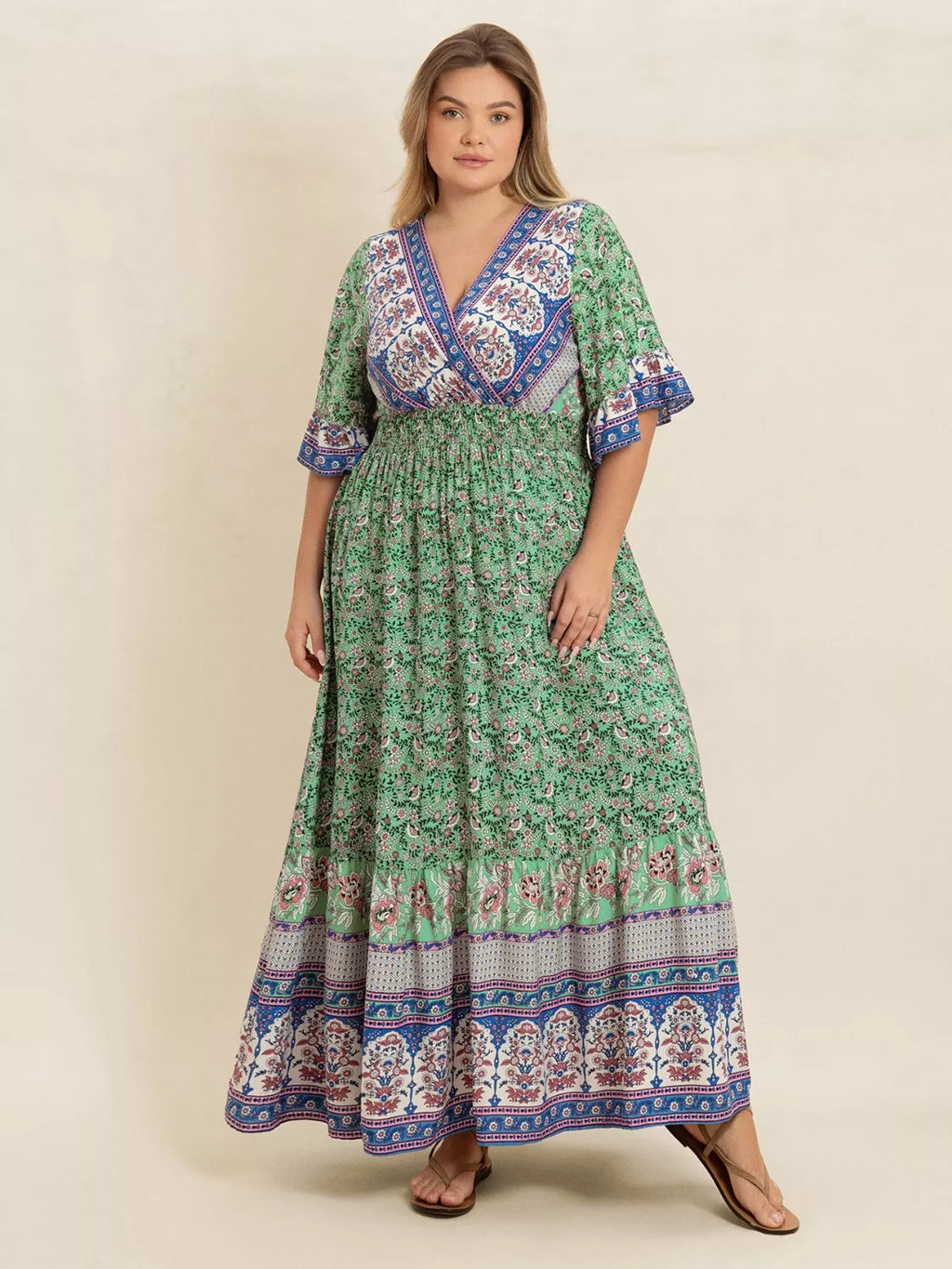 Plus Size Floral Print Maxi Dress with Smocked Waist