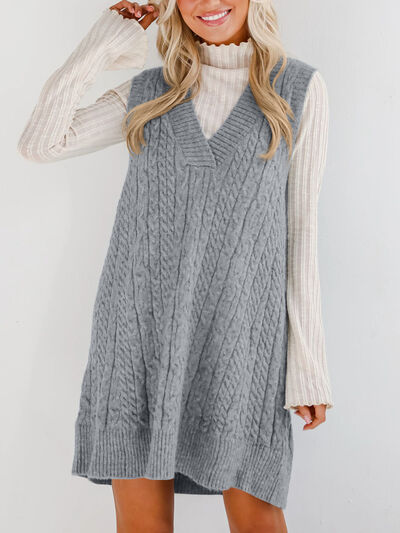 Lovelet Sweater Dress Mini V Neck Sleevless Cable Knit Overall 314a3681-0685-4151-bfbe-4bbef79a473d-Min Trendsi