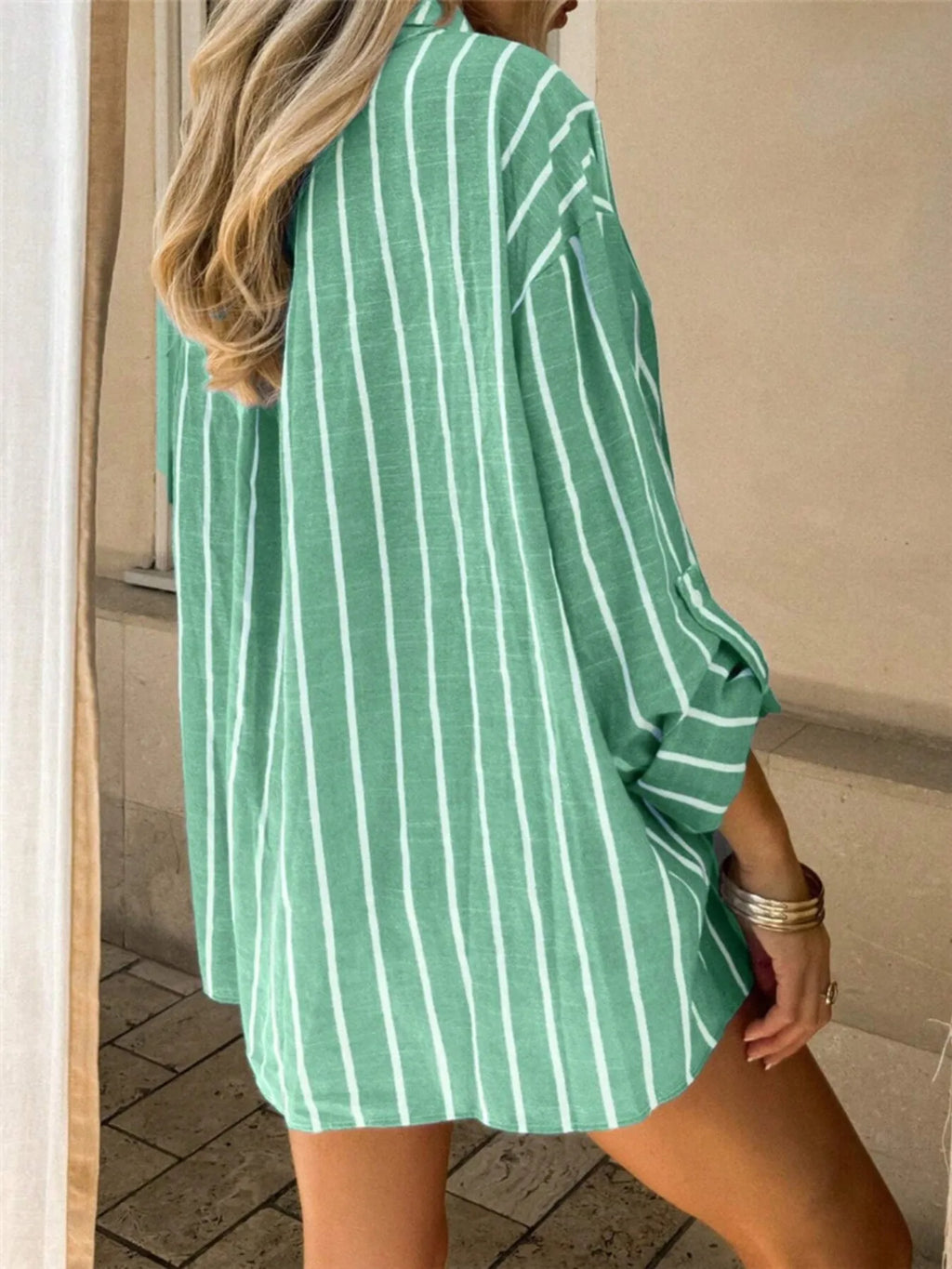 Women's Striped Button-Up Shirt with Chest Pocket Long Sleeve Oversized Top 31595a7b72ff48519f2ad57b9a20ba9e-Max-Origin Trendsi
