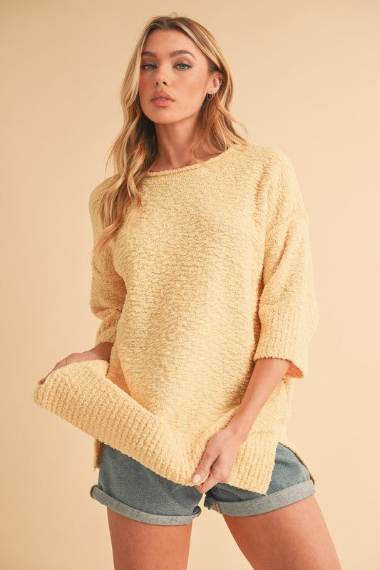 Aemi + Co Sweater Side Slit Ribbed Hem Round Neck 3/4 Sleeve 315d9e06-c8b9-4404-8e7b-a0054b2e37f1-Max Trendsi