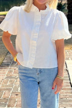 Women's Shirt Striped Ruffle Short Bubble Sleeve Mock Neck 3163a28b-689c-40a1-add9-42a14f0bd38f-Max-Origin Trendsi