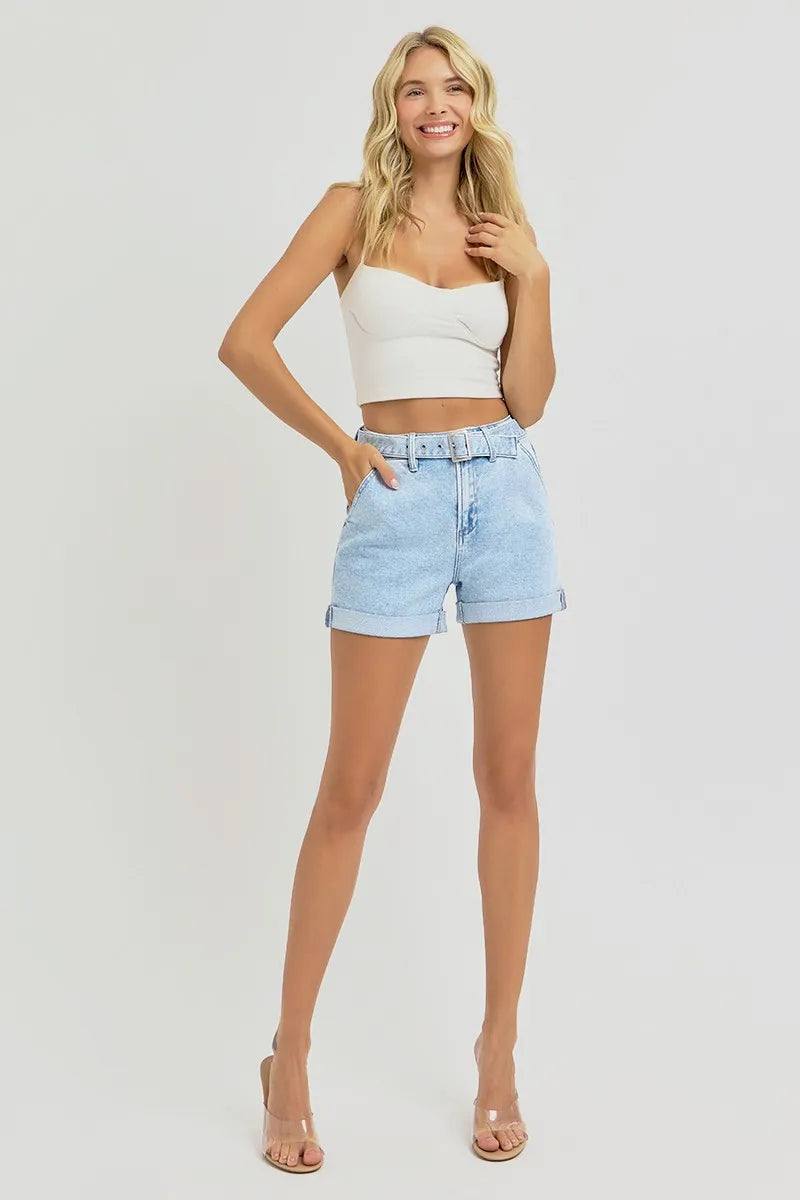 RISEN Roll Up Denim Shorts Women's High Rise Belted Light Washed 316bd85d679d4cb882dde7d67cfefe06-Max-Origin Trendsi