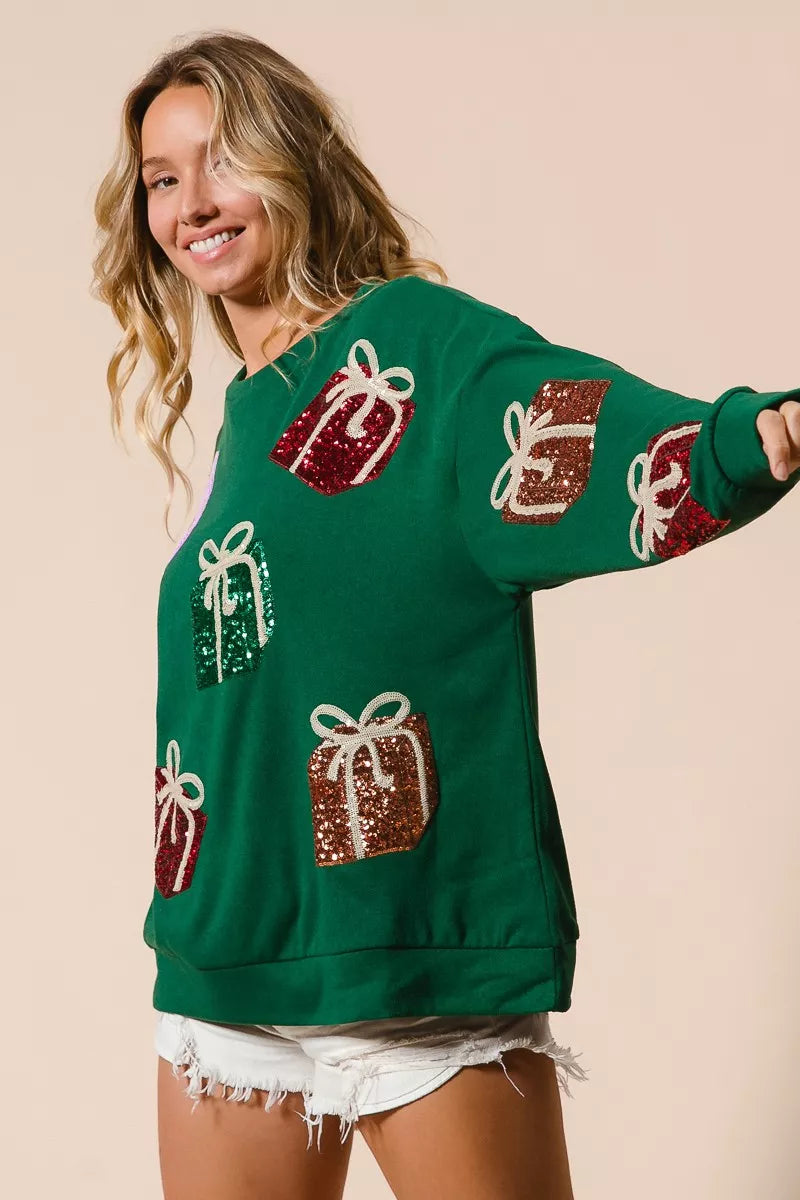 BiBi Pullover Sequin Christmas Gift Box Embroideries Green Womens Sweater 31721810b90c49cdad9495bdd4c26748-Max-Origin Trendsi