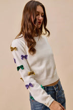 SO ME Sweater Knit Top Mardi Gras Glitter Bow Ribbon Ivory 3187876cb1d44d71b0558c89b337b7a3-Max-Origin Trendsi