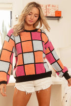 BiBi Women's Sweater Checker Orange Red Multi Color Pattern Oversized 318aab0eb3464366aa9592c8eef9c587-Max-Origin Trendsi