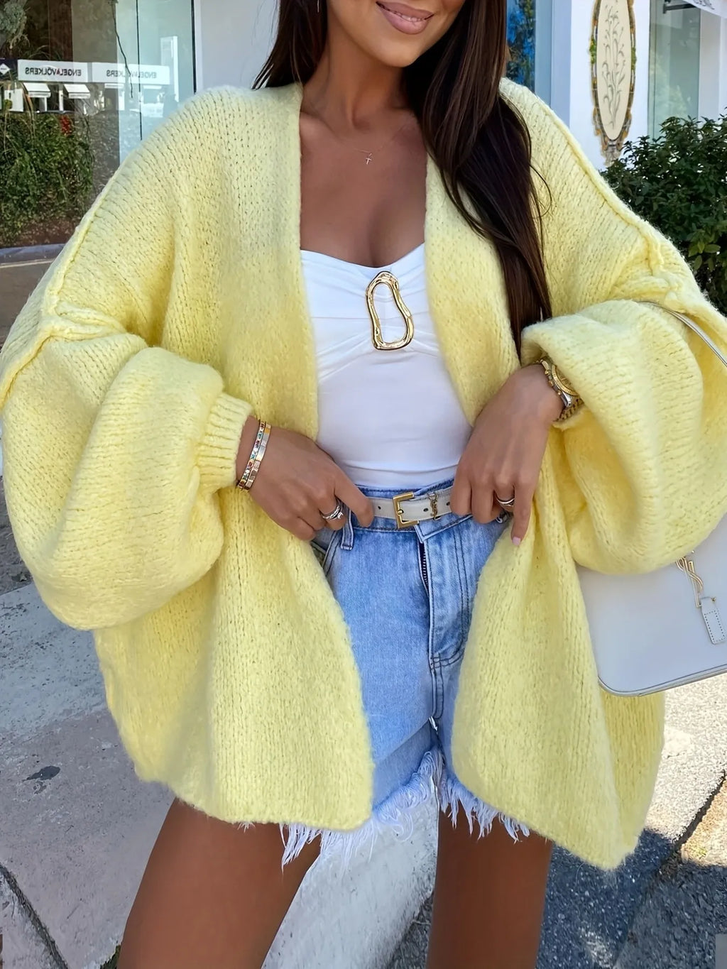 Women's Cardigan Yellow Oversized Open Front Long Sleeve Lightweight Knit Yellow 3193c73b536849599ce4cff756e1f947-Max-Origin Trendsi