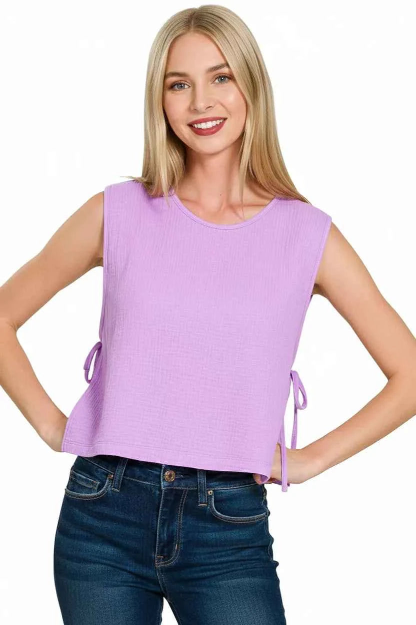 Zenana Women Blouse Lavender Double Gauze Side Tie Sleeveless Top 3195d339-715c-4a1e-ae78-8d9a163b54bf-Max-Origin Trendsi