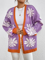 Cardigan Floral Contrast Dropped Shoulder Long Sleeve Knitwear 31a85fab-8b60-4555-92e0-a45c751217cb-Max Trendsi