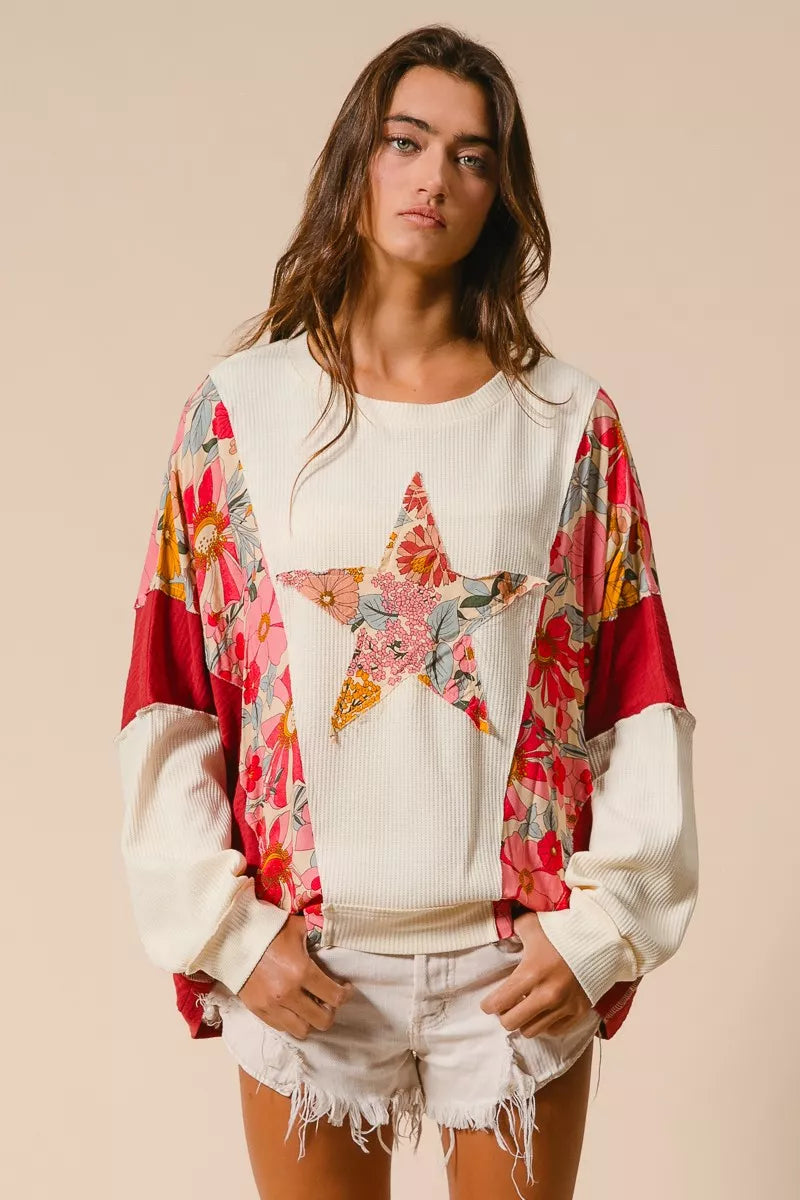 BiBi Sweatshirt Floral Print Mixed Star Patch Round Neck Top 31aad509495942fea79959e1c0d70cd5-Max-Origin Trendsi