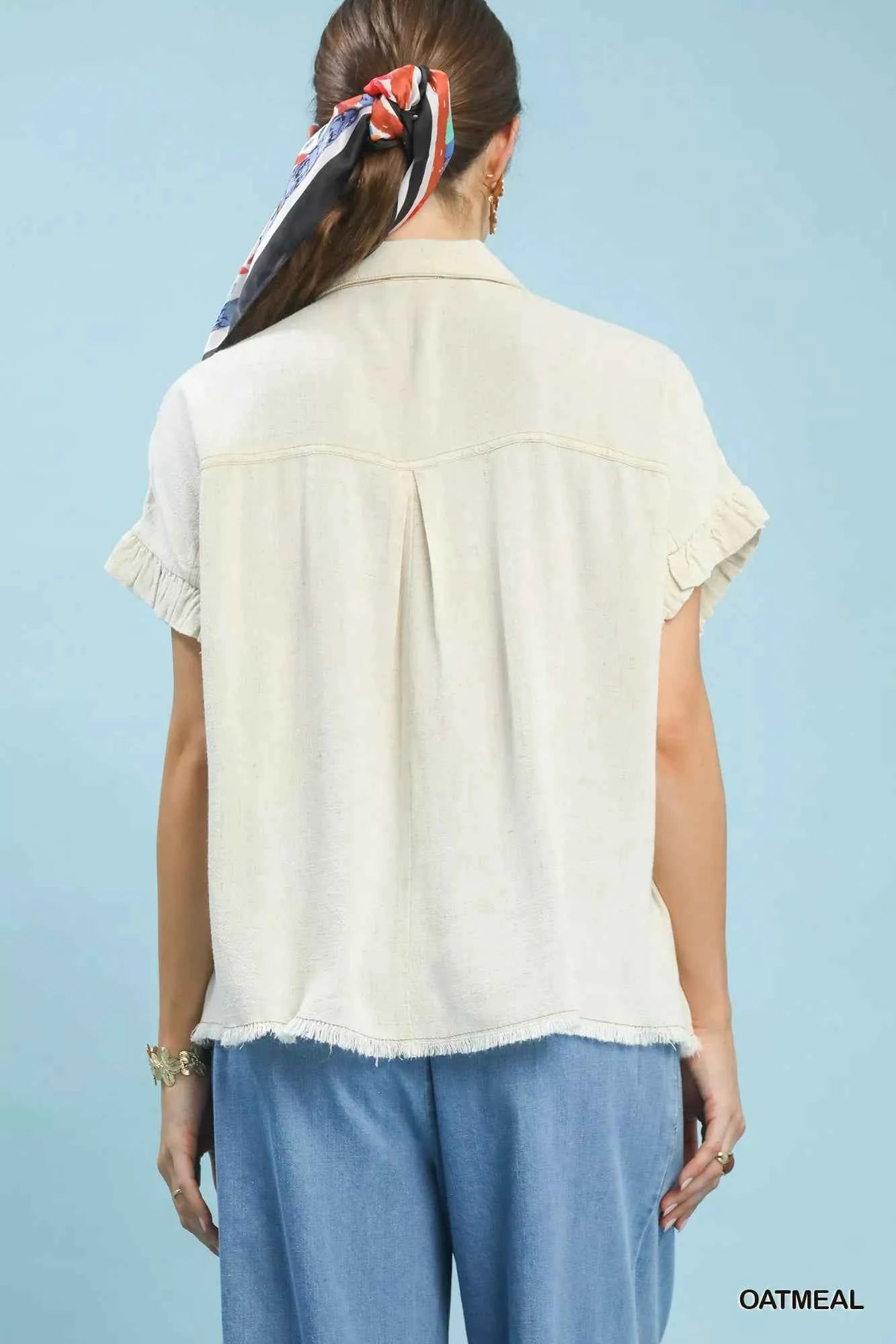 Umgee Washed Linen Blend Smocked Shirt