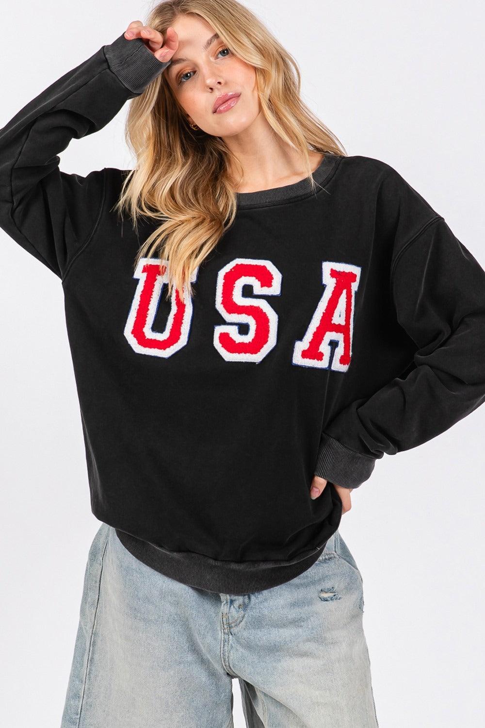 SAGE + FIG USA Letter Patch Round Neck Sweatshirt Black 31b31569-22db-4306-b166-0149f4f7183c-Max Trendsi