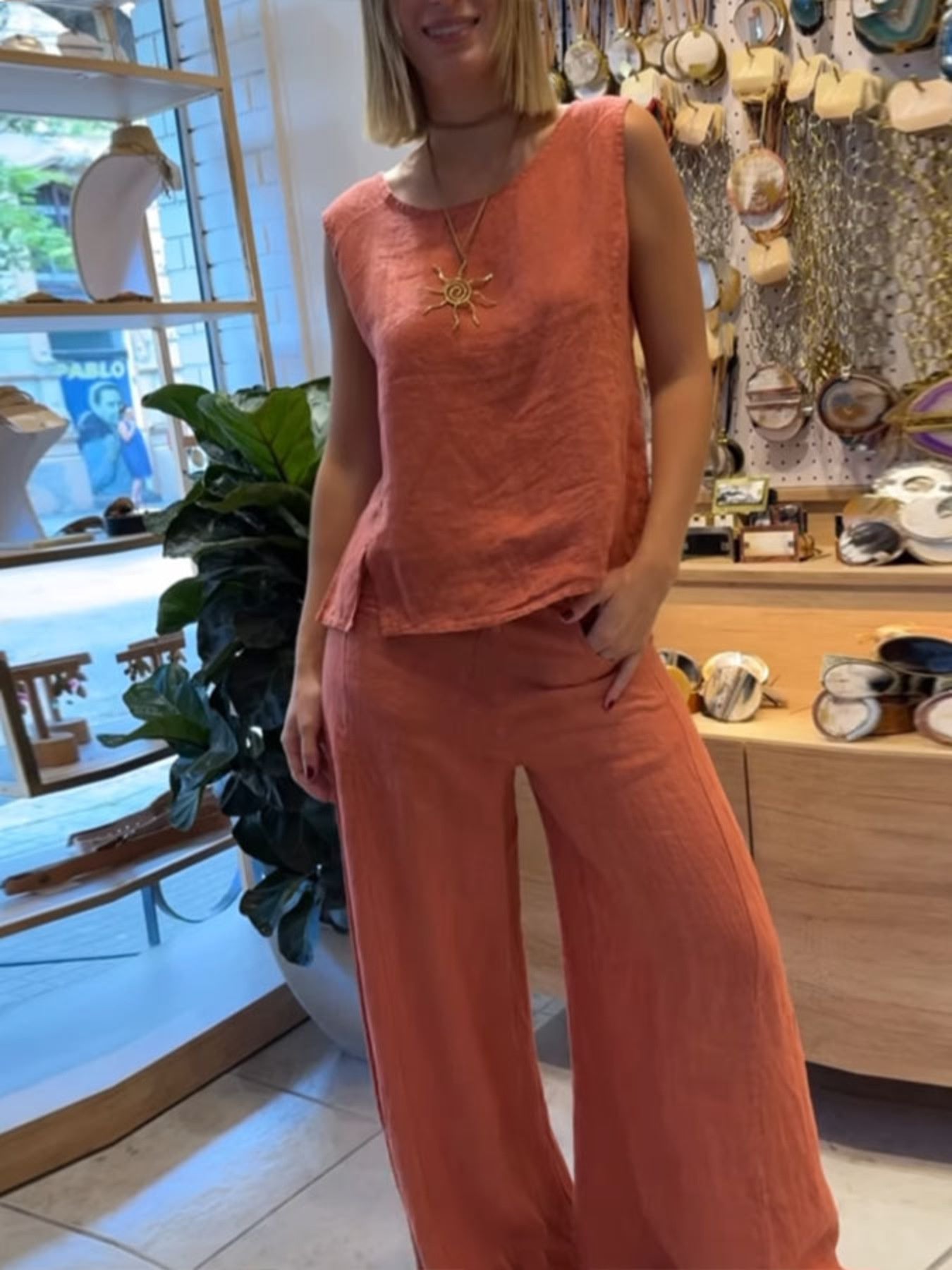 Plus Size Full-Length Round Neck Tank and Pants Set