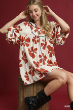 Umgee Babydoll Dress Floral Rust Two Tone Print Tie-Neck Short Sleeve Rust 31bc78df-bed8-4945-928c-8f2c510f0284-Max-Origin Trendsi