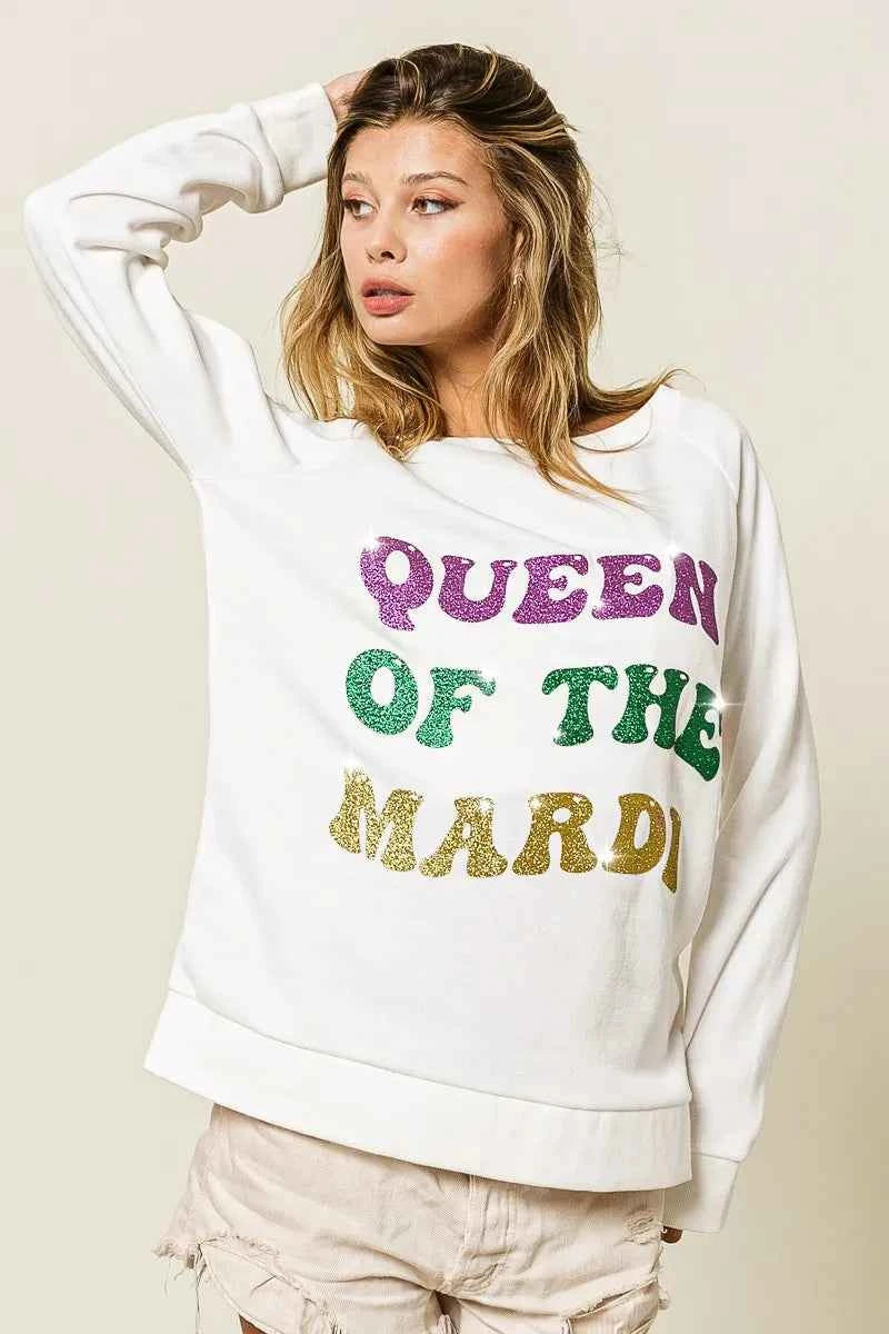BiBi Women’s Mardi Gras Glitter Print Sweatshirt Queen of Mardi Casual Top