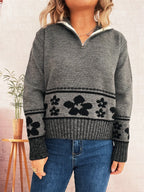 Women's Sweater Flower Hem Zip Collar Long Sleeve Stylish Pullover 31c7da4479054d2a9c4d4872e632fbb6-Max-Origin Trendsi