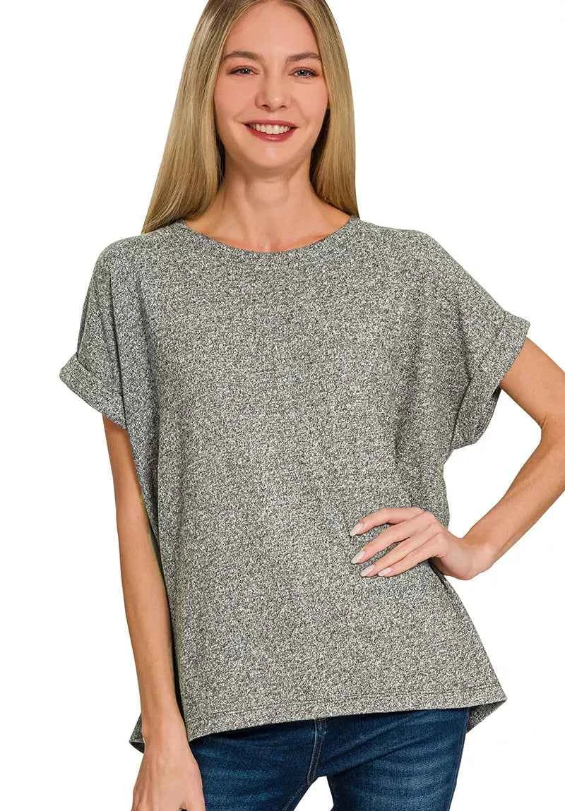 Zenana Soft Melange Hacci Short Sleeve Round Neck Top