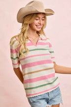 BiBi Multi Colors Stripes Collared Knit Top