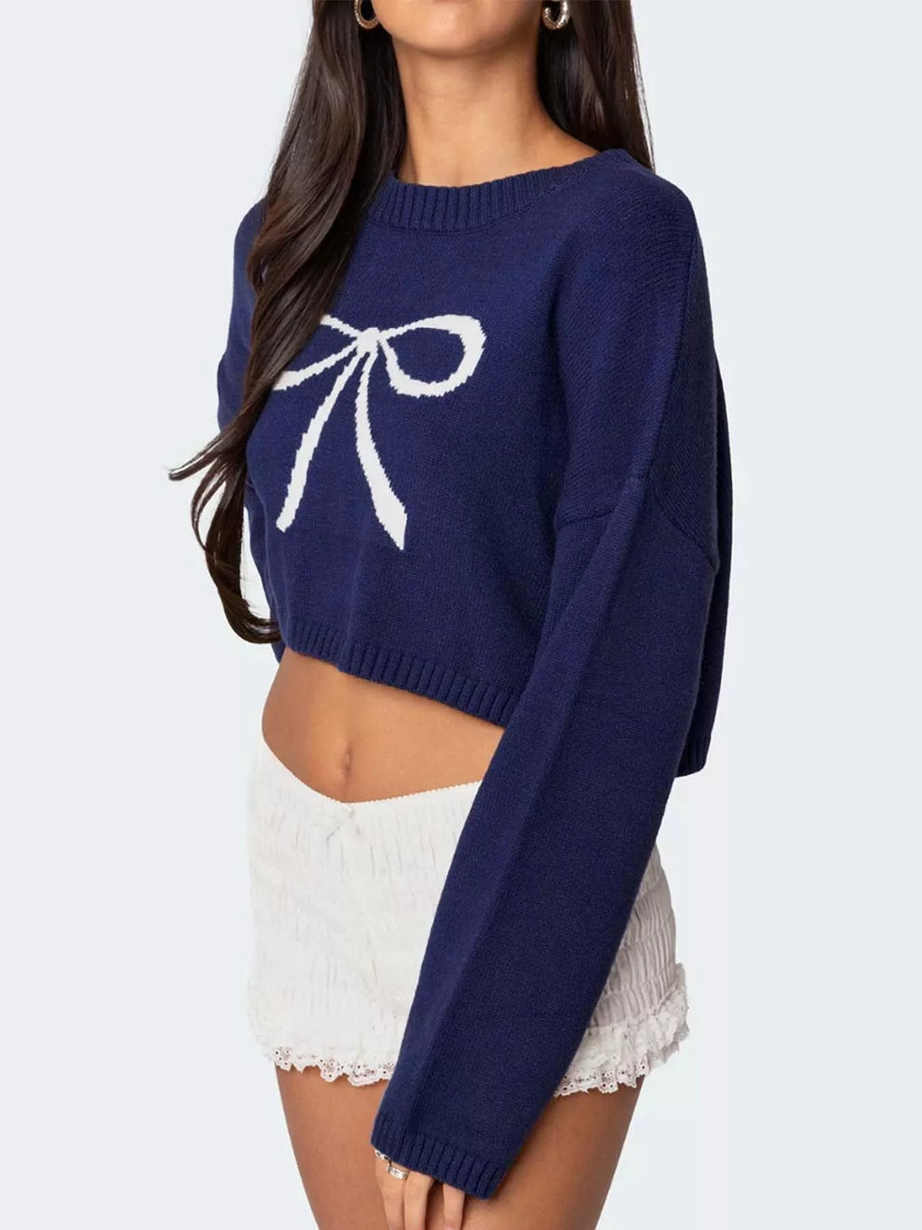Women's Sweater Cropped Navy Blue Bow Round Neck Long Sleeve 31db65b4-2f97-4c54-9a46-f33e2a852ee4-Max-Origin Trendsi
