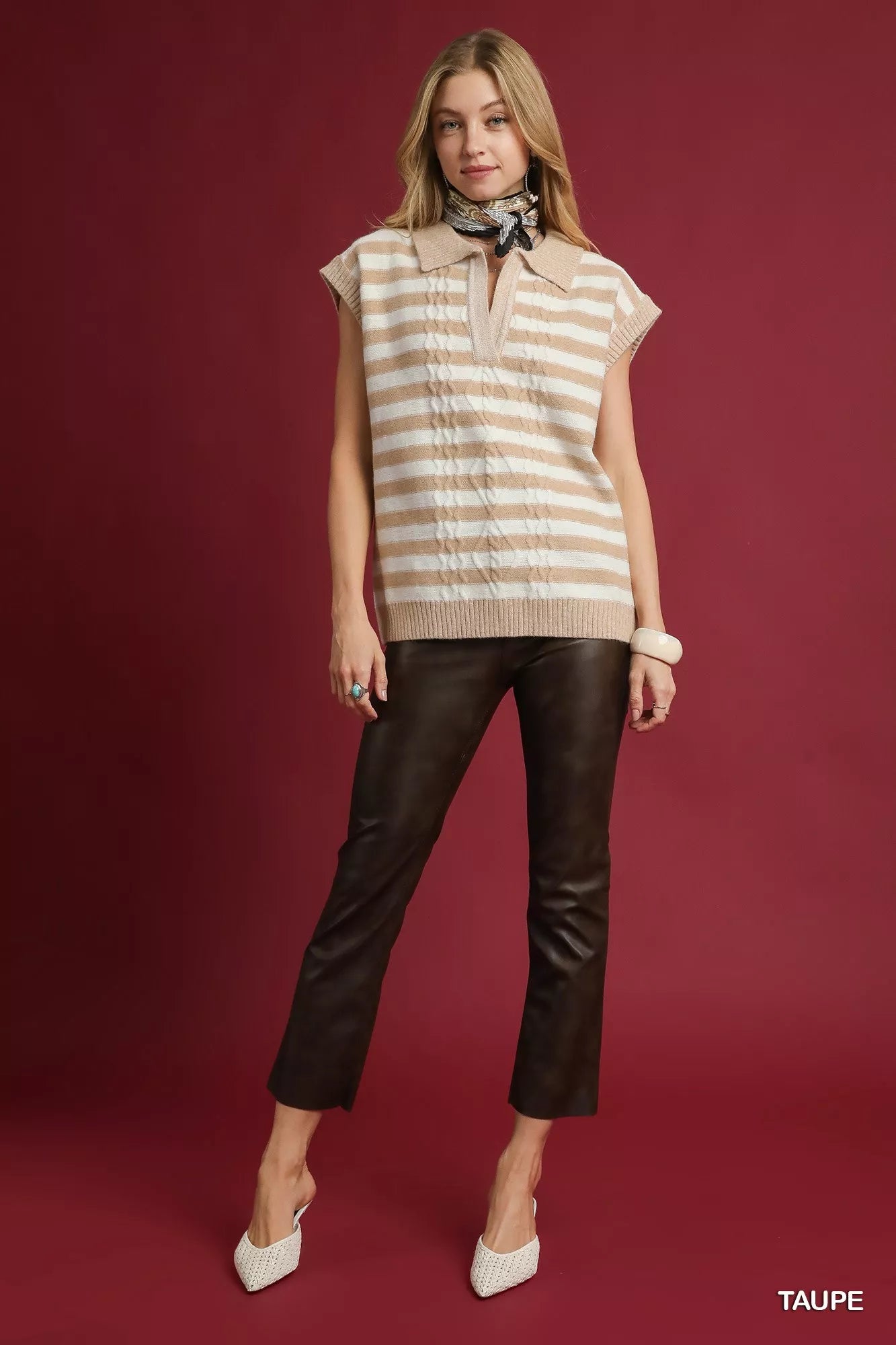 Umgee Womens Vest Sweater Taupe Cable Knit Collared Striped 31dda62d-3aa9-411d-92a4-a612c9f4d4da-Max-Origin Trendsi