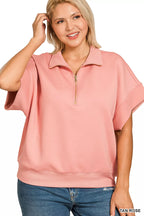Zenana Sweatshirt Rose Scuba High Neck Half Zip Short Sleeve Top Plus Sizes 31e4f472-a8e0-4331-a761-0255b393aaab-Max-Origin Trendsi