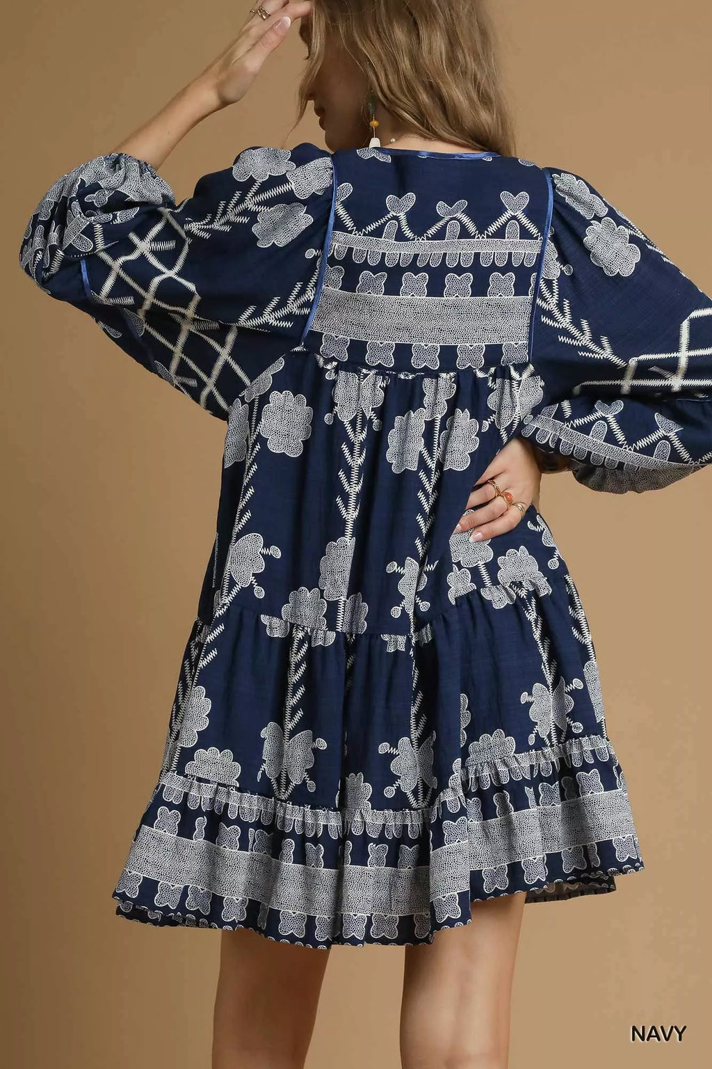 Umgee Mini Dress Navy Tribal Print with Tie Neck Long Sleeve 31f21d74-9ff0-4335-bbbf-0a0dfcb8b3b0-Max-Origin Trendsi