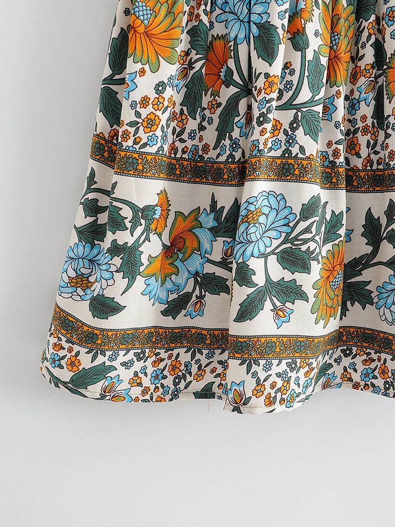 Women Floral Bohemian Outfits Strap Crop Tops Drawstring Mini Skirts Summer 2 Pcs