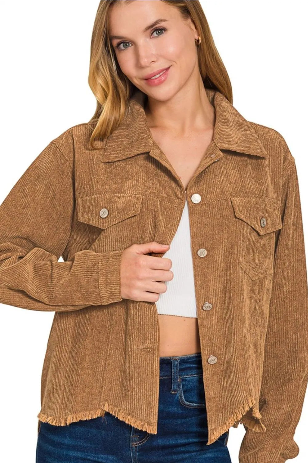 Zenana Corduroy Cropped Jacket Distressed Frayed Hem Long Sleeve 32020c57-e87b-4d53-b15e-c74541b779e1-Max-Origin Trendsi