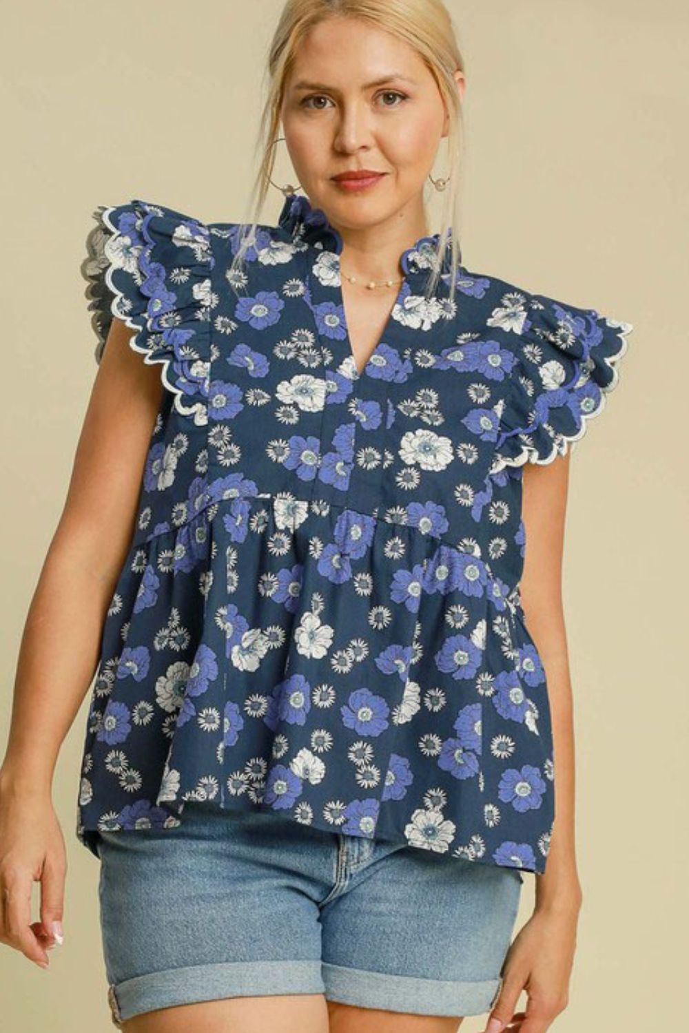 Umgee Babydoll Top Floral Navy Mix Print Peplum Short Sleeve Blouse 320d3183-d815-451d-8cc6-c5ccc852de0c-Max Trendsi