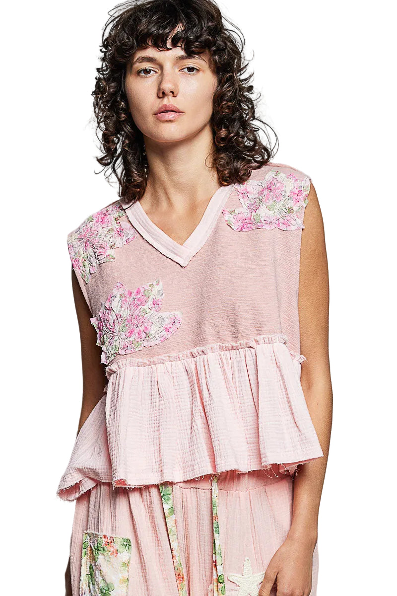 POL Floral Patch Ruffled Sleeveless Top with Raw Edge Detail