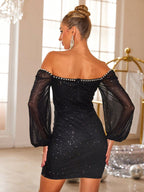 Glitter Mini Dress Pearl Trim Sweetheart Neck Black Long Sleeve Backless 32194b02-43b9-44cf-9e06-18e0ffd5b34d-Max Trendsi