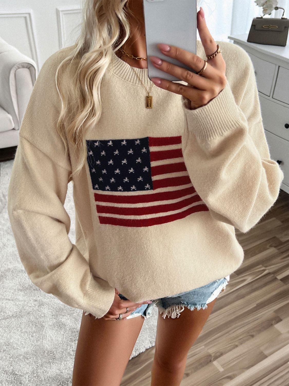 Knit Top US Flag Round Neck Long Sleeve Knitwear 321ff017-1816-4a39-a182-21d83a601f9b-Max Trendsi