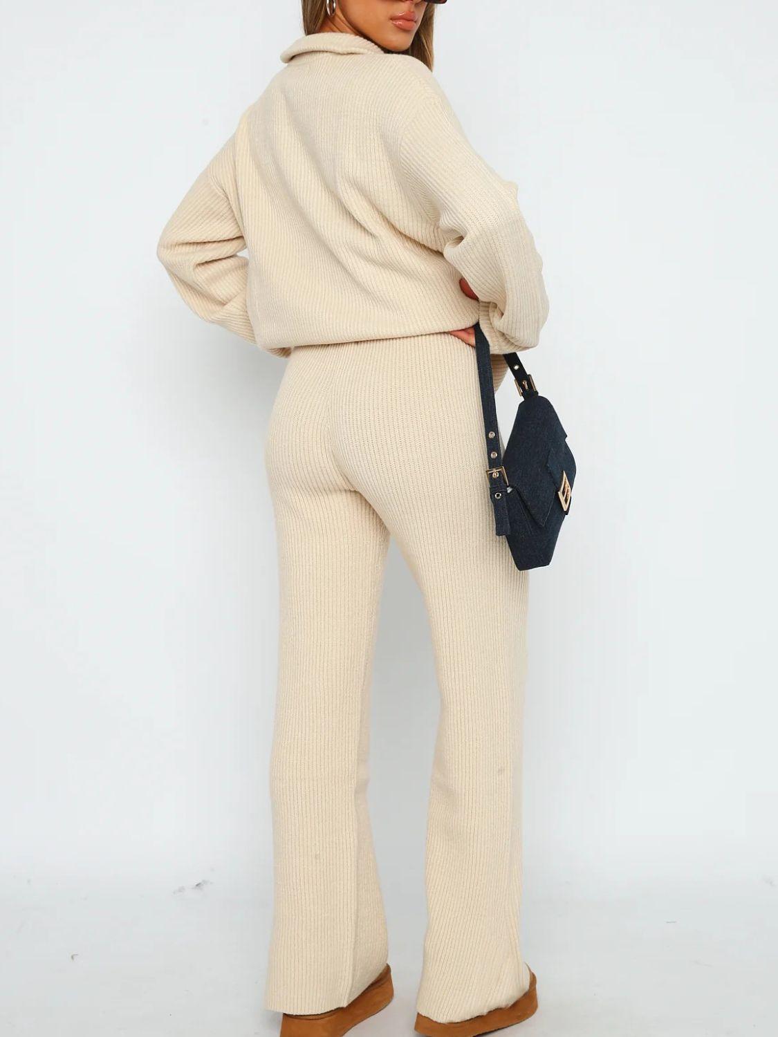 Outfit Set Ribbed Quarter Zip Long Sleeve Top and Pants Set 322c58c7-c743-4e5d-8c34-2303b5953cab-Max Trendsi