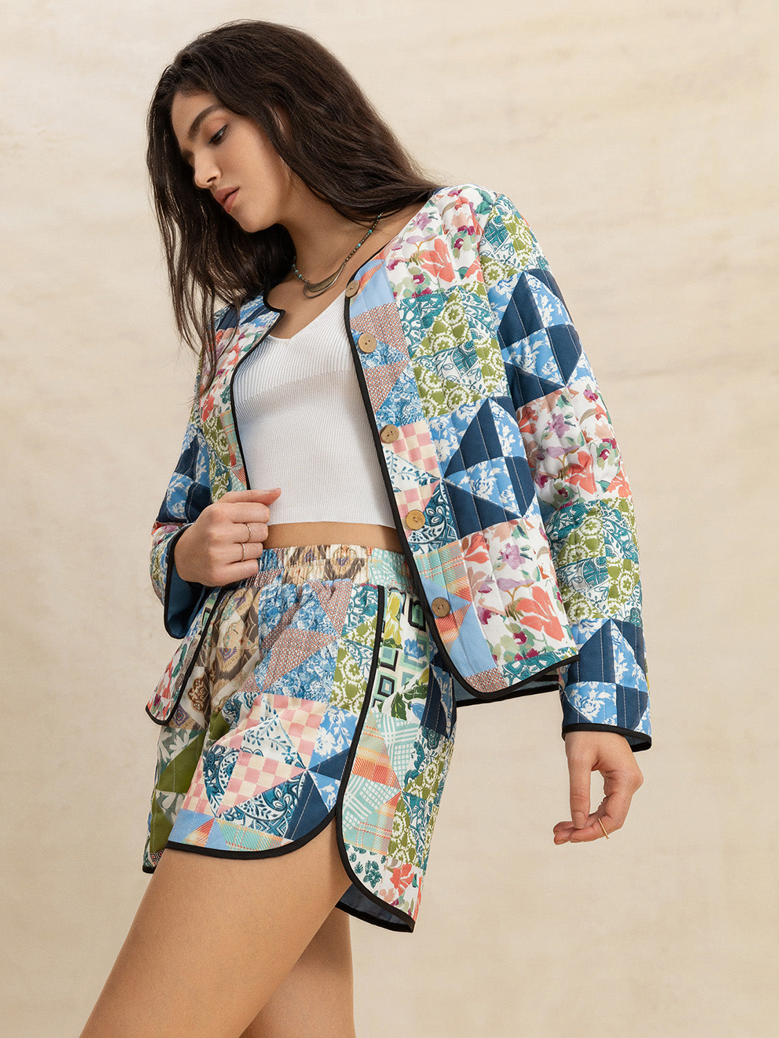 Outfit Set Floral Quilted Jacket Long Sleeve Outerwear and Shorts 2 Pcs