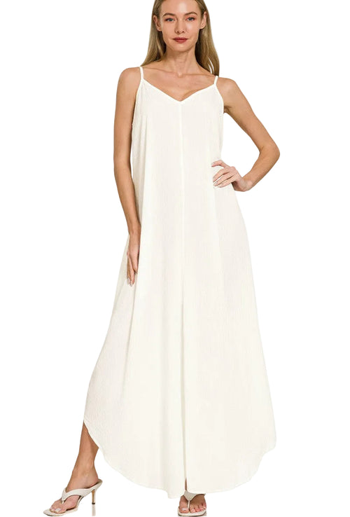 Zenana Woven Crinkle Cami Maxi Dress with Side Pockets